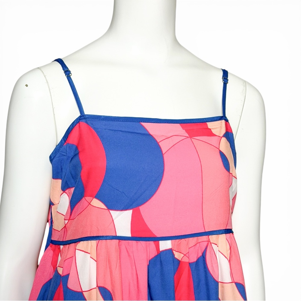 Pink Blue Geometric Resort Maxi Dress Empire Waist Vacation L Pants Store - Picture 5 of 9